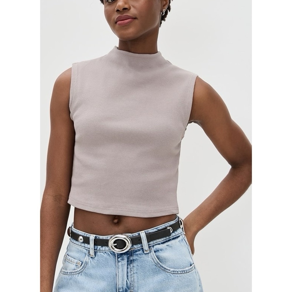 NWT ABRAND Heather Icon Mock Neck Knit Top Mushroom Tan XS
